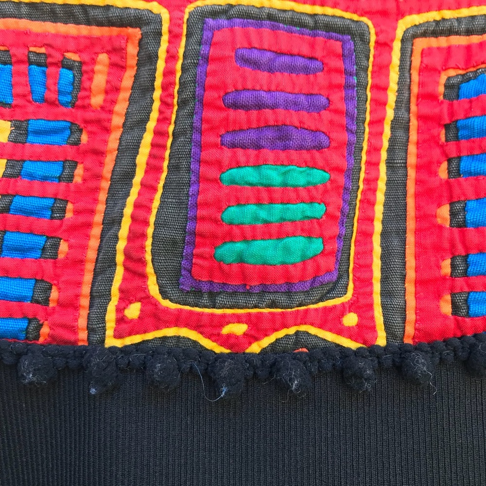 Vtg 70s Colorful Mola Tribal Pom Pom Dress - Picture 7 of 8